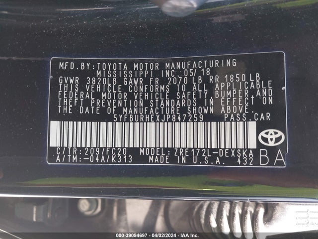 Toyota COROLLA SE 2018 5YFBURHEXJP847259 Image 9