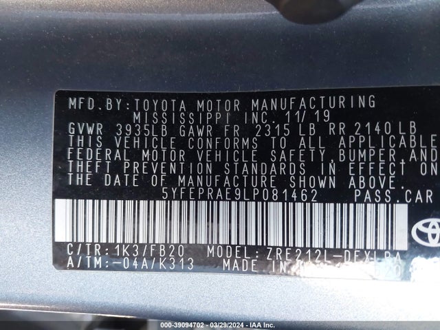 Toyota COROLLA LE 2020 5YFEPRAE9LP081462 Image 9