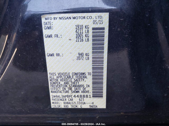 Nissan Altima 2.5 S 2015 1N4AL3AP8FC448881 Image 9