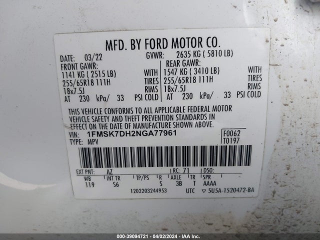 Ford EXPLORER XLT 2022 1FMSK7DH2NGA77961 Image 9