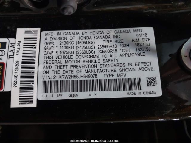 2HKRW2H56JH649078 Honda CR-V EX