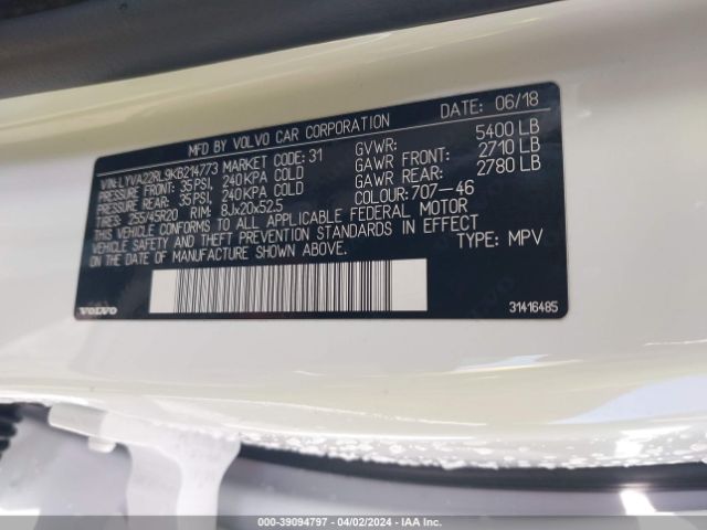 LYVA22RL9KB214773 Volvo Xc60 T6 Inscription