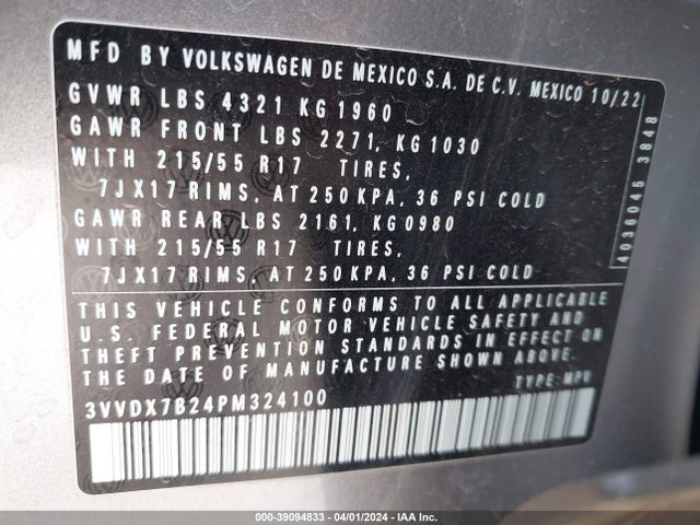 3VVDX7B24PM324100 Volkswagen Taos 1.5t S