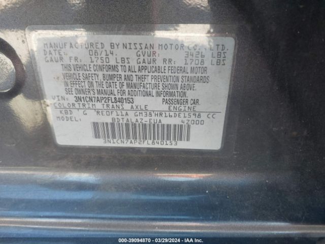 3N1CN7AP2FL840153 Nissan Versa 1.6 S+