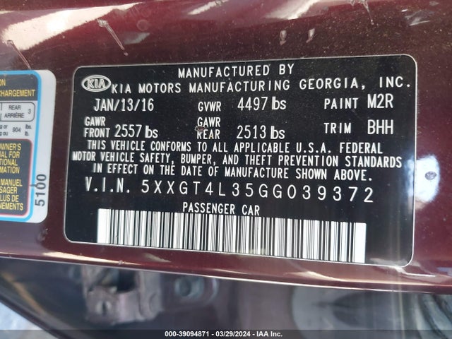 KIA Optima Lx 2016 5XXGT4L35GG039372 Image 9