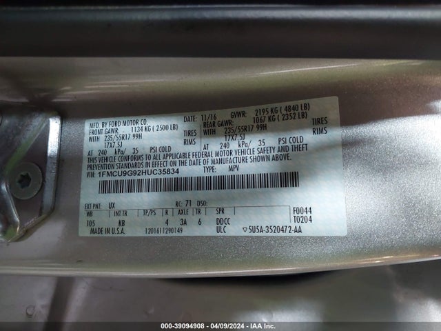 Ford ESCAPE SE 2017 1FMCU9G92HUC35834 Image 9