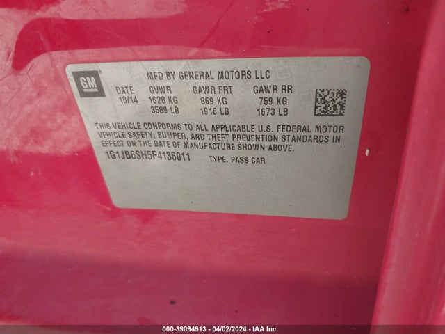 Chevrolet Sonic Ls Manual 2015 1G1JB6SH5F4136011 Image 9