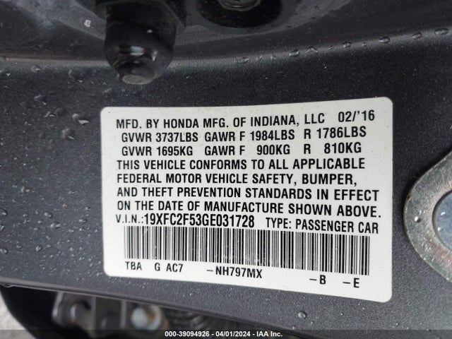 Honda Civic Lx 2016 19XFC2F53GE031728 Image 9