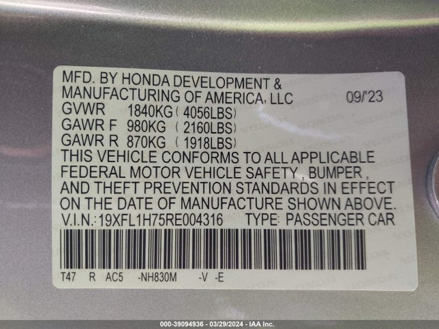 Honda Civic Ex-l 2024 19XFL1H75RE004316 Image 9