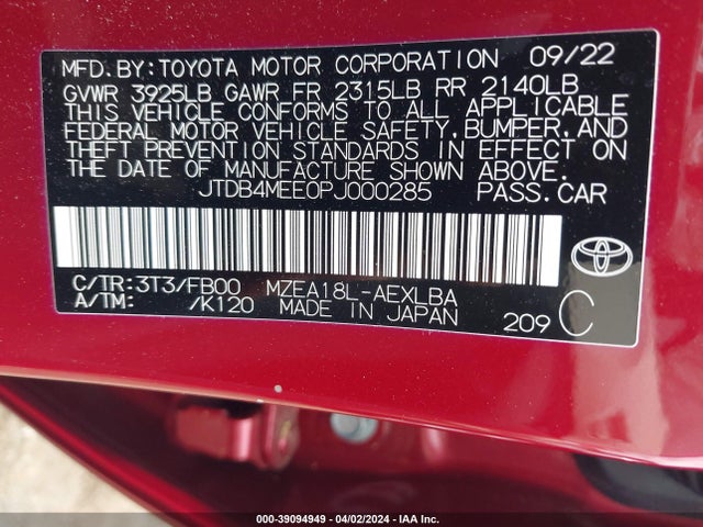 Toyota COROLLA LE 2023 JTDB4MEE0PJ000285 Image 9