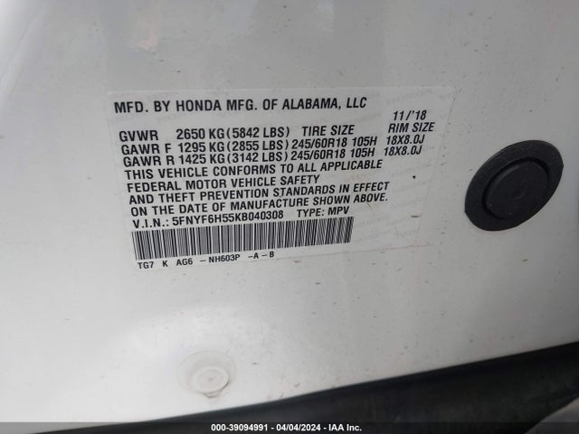 Honda Pilot Ex-l 2019 5FNYF6H55KB040308 Image 9