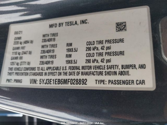 5YJ3E1EB6MF028892 Tesla Model 3 Long Range Dual Motor All-wheel Drive