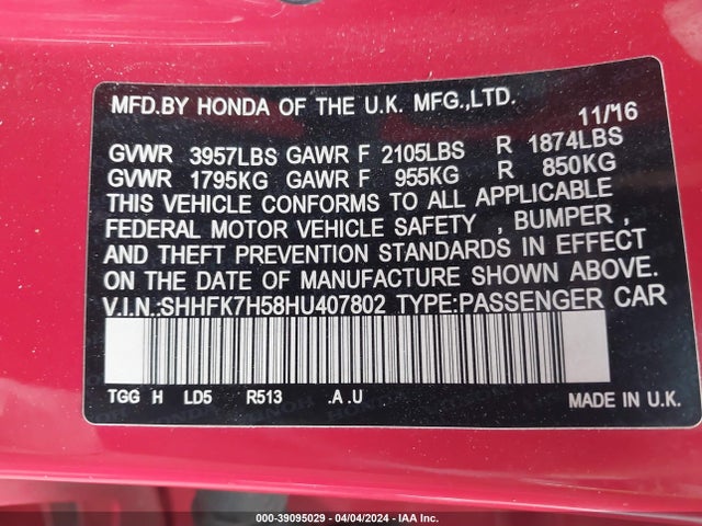 Honda CIVIC EX 2017 SHHFK7H58HU407802 Image 9
