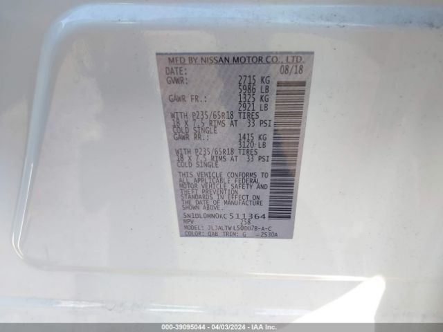 5N1DL0MN0KC511364 Infiniti QX60 LUXE