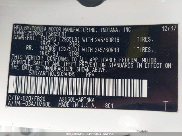 Toyota Highlander Le 2018 5TDZARFH0JS034895 Image 9