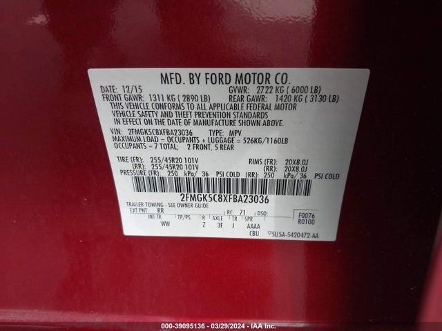 Ford FLEX SEL 2015 2FMGK5C8XFBA23036 Image 9