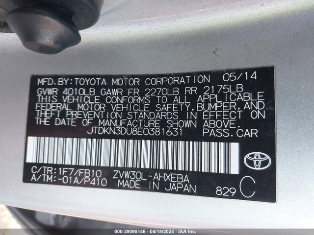 Toyota Prius Two 2014 JTDKN3DU8E0381631 Image 9