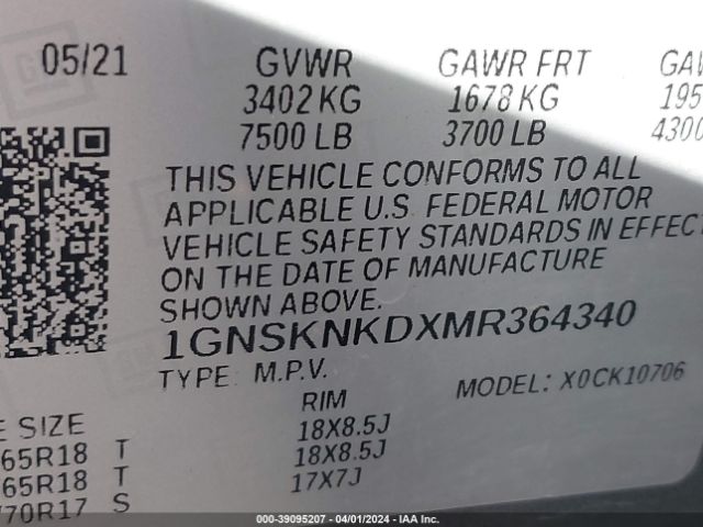 1GNSKNKDXMR364340 Chevrolet Tahoe 4wd Lt