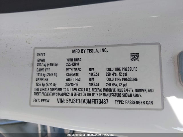 Tesla Model 3 Standard Range Plus Rear-wheel Drive 2021 5YJ3E1EA3MF073487 Image 9