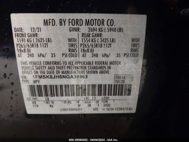 1FMSK8JH6NGA38963 Ford Explorer Timberline