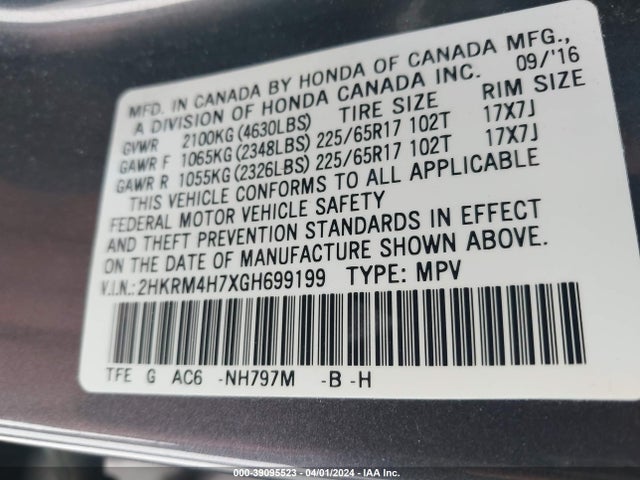 Honda Cr-v Ex-l 2016 2HKRM4H7XGH699199 Image 9