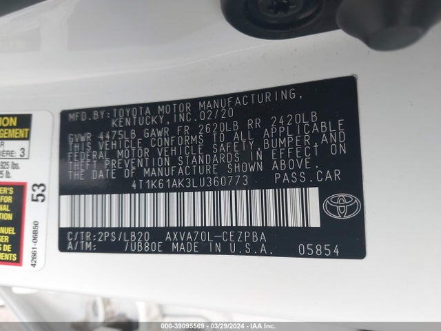 Toyota CAMRY XSE 2020 4T1K61AK3LU360773 Image 9