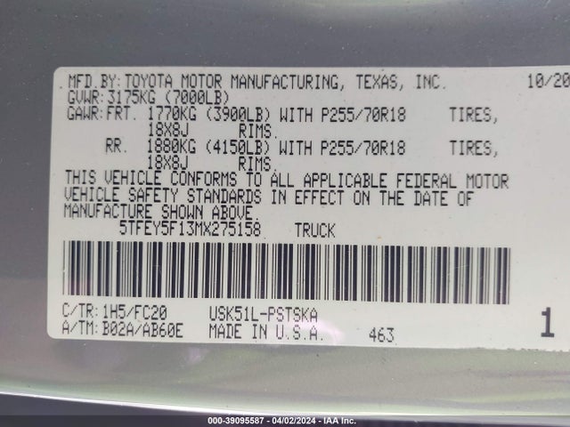 Toyota Tundra Sr5 2021 5TFEY5F13MX275158 Image 9