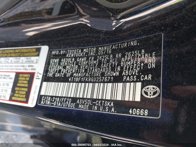 Toyota CAMRY SE 2016 4T1BF1FK8GU257671 Image 9