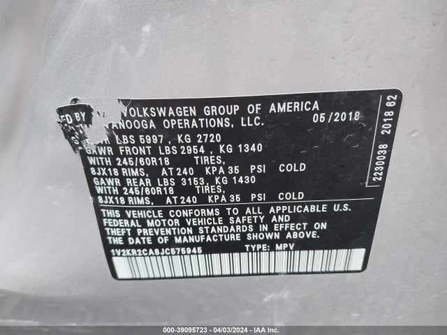 1V2KR2CA8JC575945 Volkswagen Atlas 3.6l V6 Se