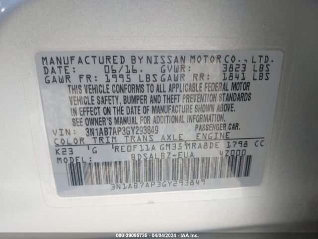 Nissan SENTRA S 2016 3N1AB7AP3GY293849 Image 9