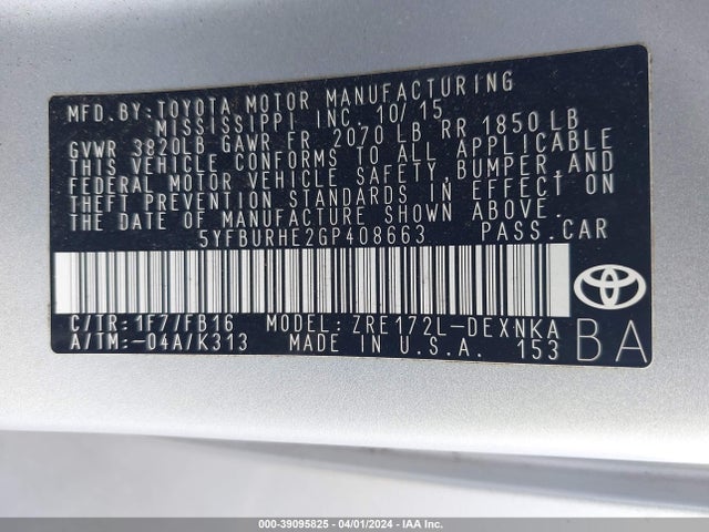 Toyota COROLLA LE 2016 5YFBURHE2GP408663 Image 9
