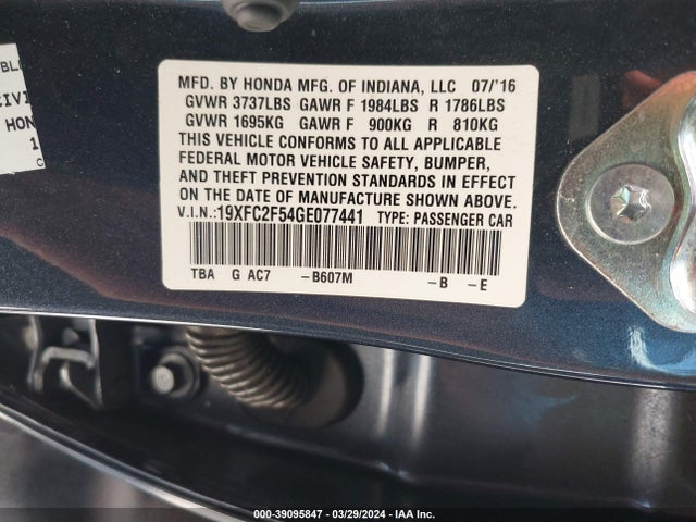 Honda Civic Lx 2016 19XFC2F54GE077441 Image 9