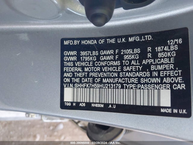 Honda CIVIC EX 2017 SHHFK7H59HU213179 Image 9