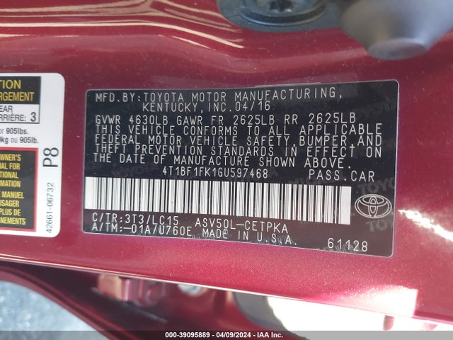 Toyota CAMRY XSE 2016 4T1BF1FK1GU597468 Image 9