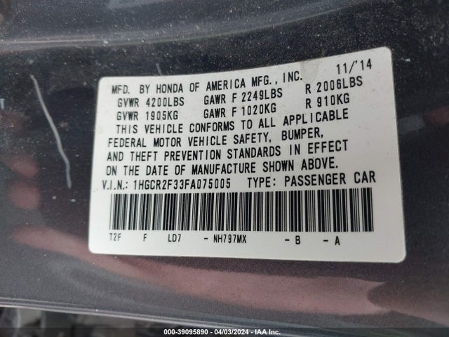 Honda ACCORD LX 2015 1HGCR2F33FA075005 Image 9
