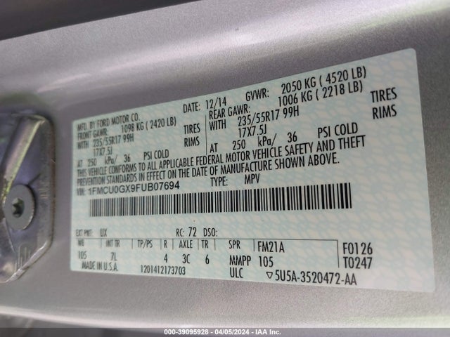 Ford ESCAPE SE 2015 1FMCU0GX9FUB07694 Image 9