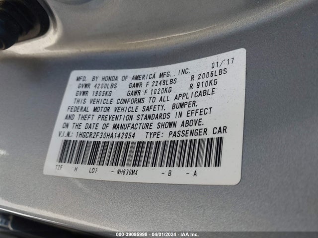 Honda ACCORD LX 2017 1HGCR2F30HA142954 Image 9