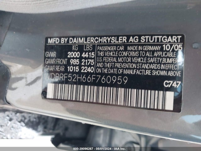 39096267 :رقم المزاد ، WDBRF52H66F760959 vin ، 2006 Mercedes-benz C 230 Sport مزاد بيع