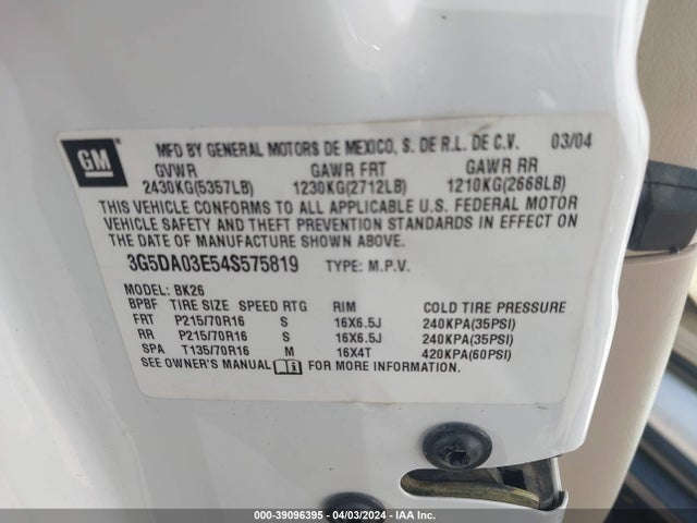 Aukcja sprzedaży 2004 Buick Rendezvous Cx, vin: 3G5DA03E54S575819, numer aukcji: 39096395