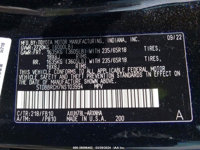 Toyota Highlander Hybrid Le 2022 5TDBBRCH7NS103994 Image 9