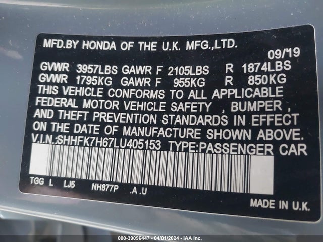 Honda CIVIC EX 2020 SHHFK7H67LU405153 Image 9