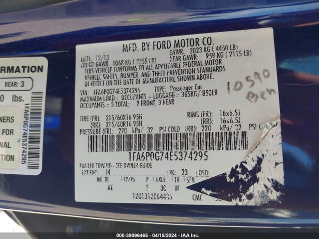 Ford FUSION S 2014 1FA6P0G74E5374295 Image 9