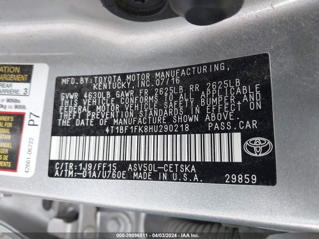 Toyota CAMRY SE 2017 4T1BF1FK8HU290218 Image 9