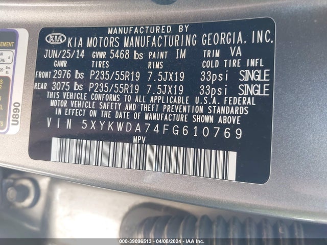 KIA Sorento Sx V6 2015 5XYKWDA74FG610769 Image 9