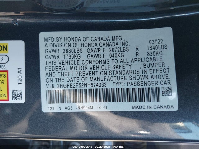 Honda Civic Sport 2022 2HGFE2F52NH574033 Image 9