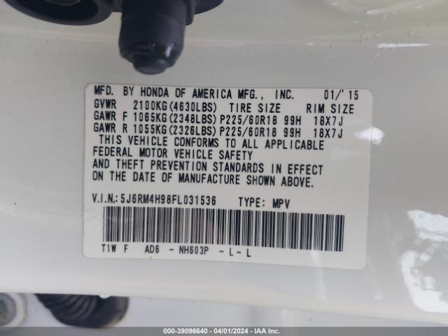 5J6RM4H98FL031536 Honda Cr-v Touring