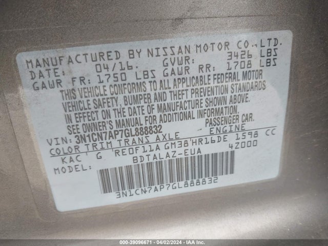 Nissan Versa 1.6 S+ 2016 3N1CN7AP7GL888832 Image 9