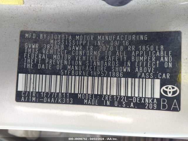 Toyota COROLLA LE 2017 5YFBURHE1HP571886 Image 9