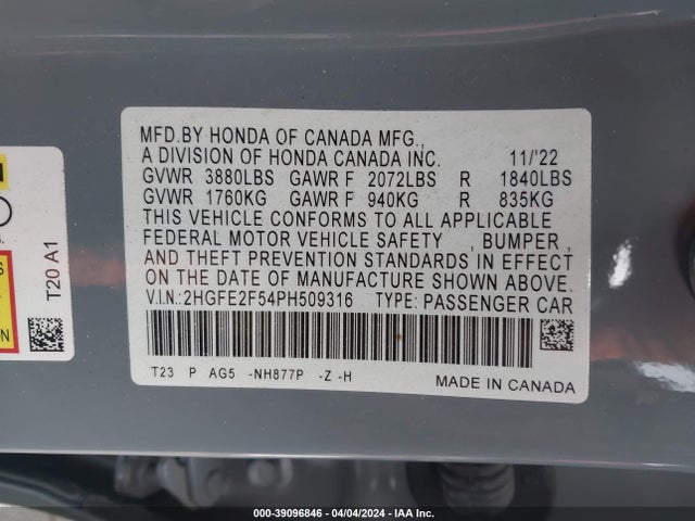 Honda Civic Sport 2023 2HGFE2F54PH509316 Image 9