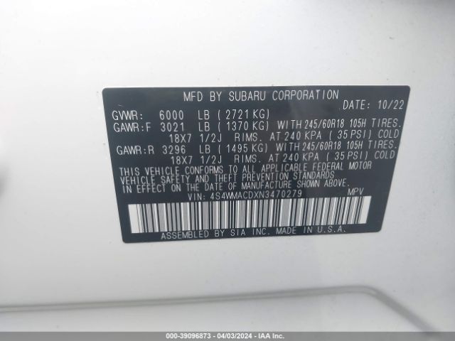 4S4WMACDXN3470279 Subaru Ascent Premium